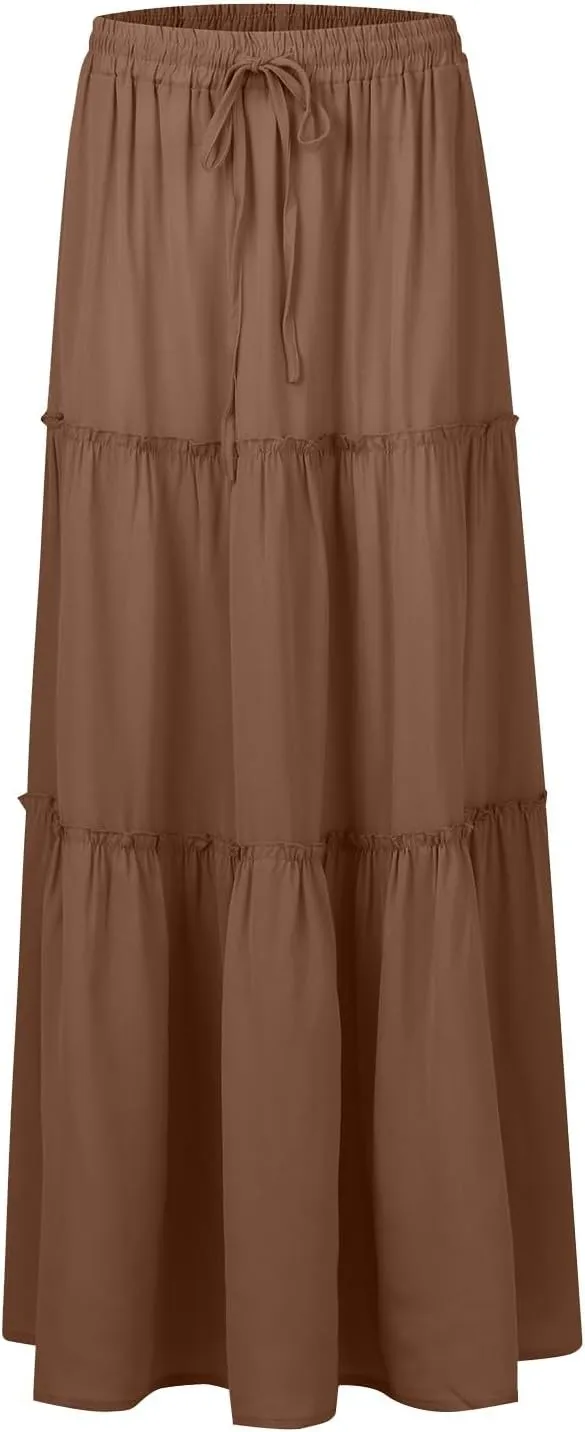 Skirts for Women Summer Flowy Tiered Elastic High Waisted Skirt Vacation Swing Long Solid Maxi Skirts