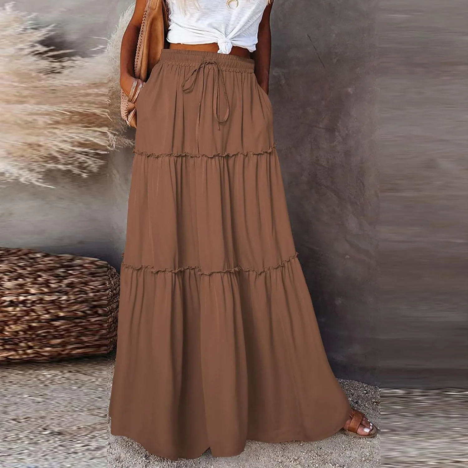 Skirts for Women Summer Flowy Tiered Elastic High Waisted Skirt Vacation Swing Long Solid Maxi Skirts