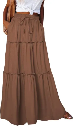 Skirts for Women Summer Flowy Tiered Elastic High Waisted Skirt Vacation Swing Long Solid Maxi Skirts