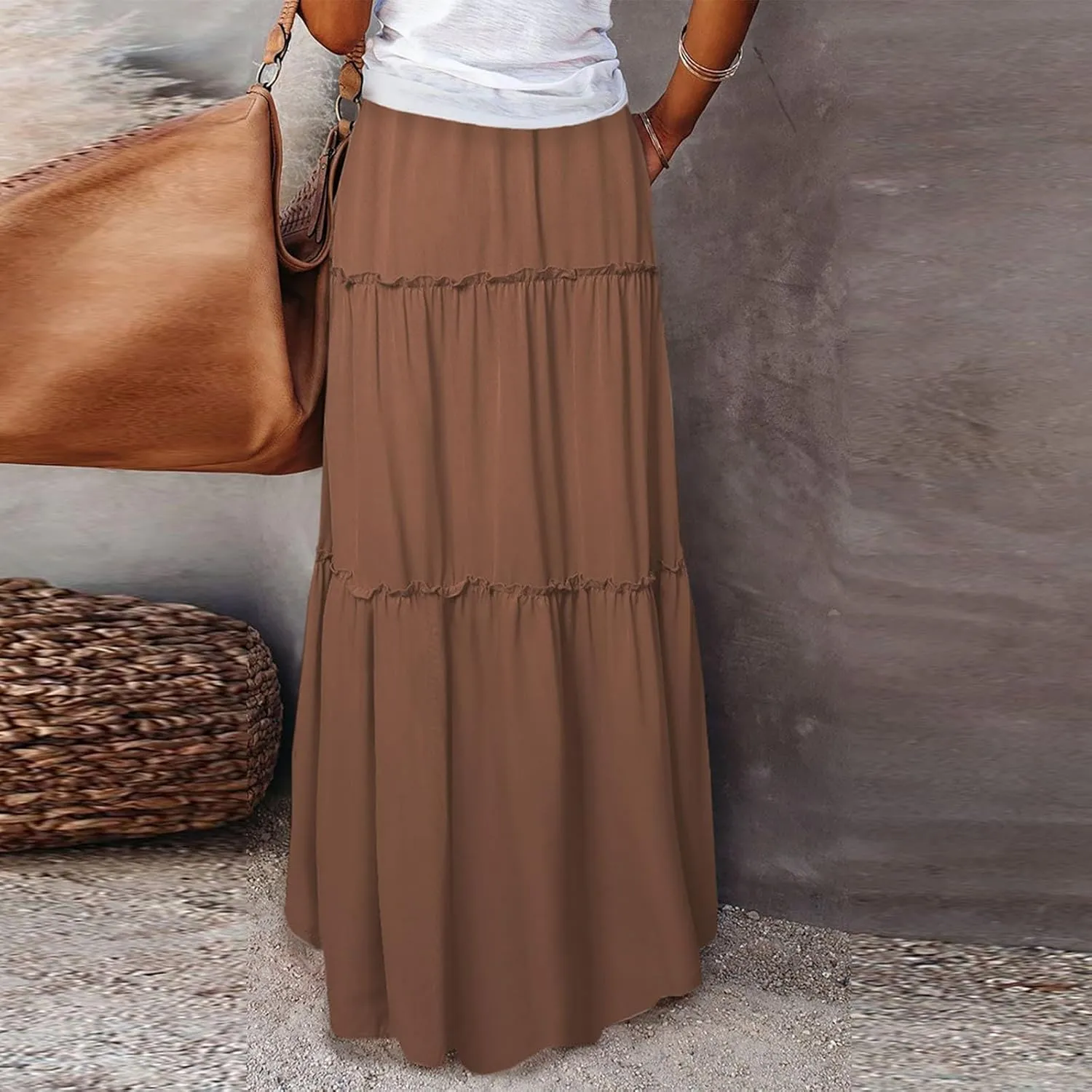 Skirts for Women Summer Flowy Tiered Elastic High Waisted Skirt Vacation Swing Long Solid Maxi Skirts