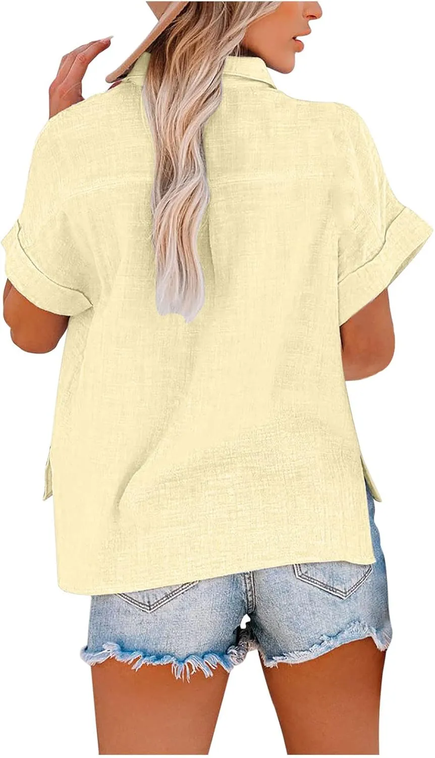 SMIDOW Womens Button Down Cotton Linen Shirts V Neck Roll Up Short Sleeve Blouses Loose Collared Shirt Casual Work Tops