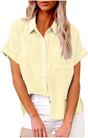 SMIDOW Womens Button Down Cotton Linen Shirts V Neck Roll Up Short Sleeve Blouses Loose Collared Shirt Casual Work Tops