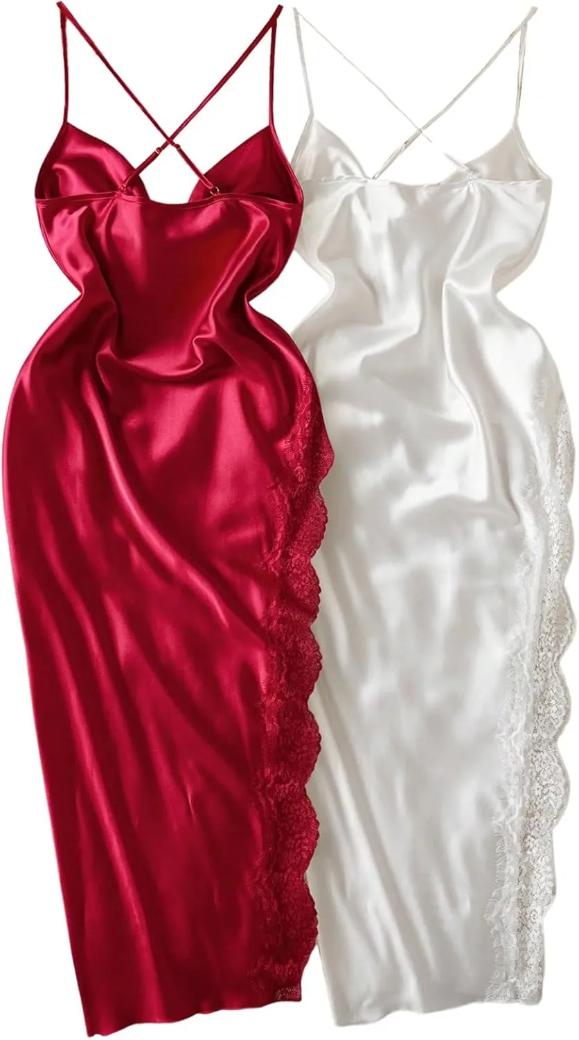 SOLY HUX Women's Plus Size Nightgown 2 Piece Satin Lace Split Slip Cami Dress Nightdress Sleepwear