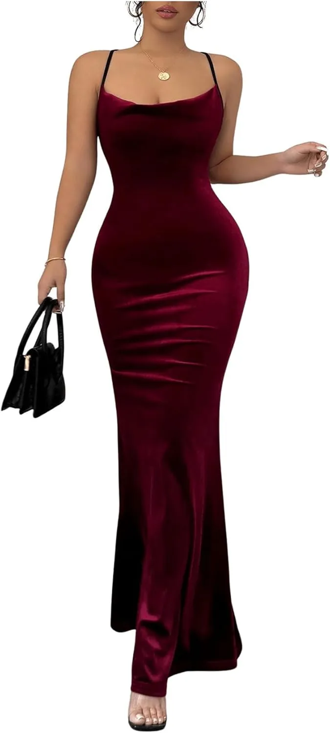 SOLY HUX Women's Velvet Bodycon Maxi Dress Cowl Neck Criss Cross Backless Party Club Long Dresses