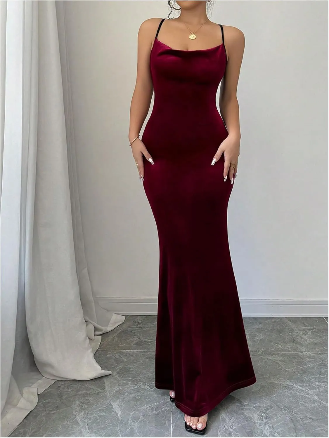 SOLY HUX Women's Velvet Bodycon Maxi Dress Cowl Neck Criss Cross Backless Party Club Long Dresses
