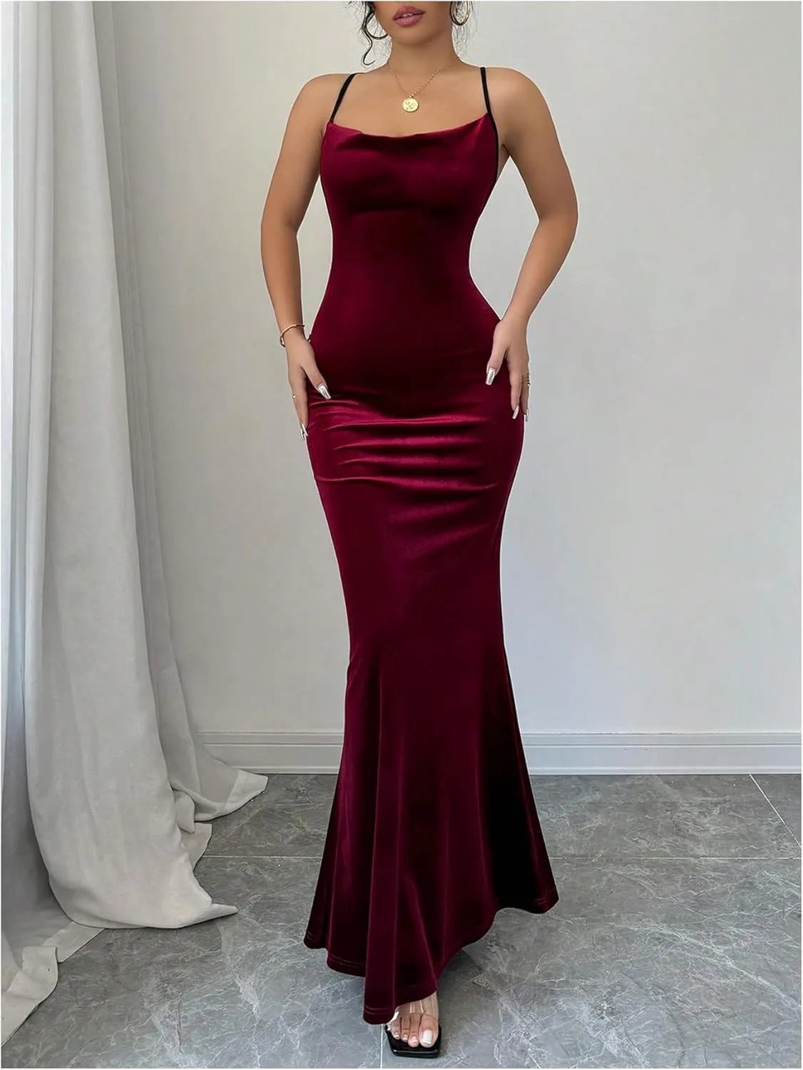 SOLY HUX Women's Velvet Bodycon Maxi Dress Cowl Neck Criss Cross Backless Party Club Long Dresses