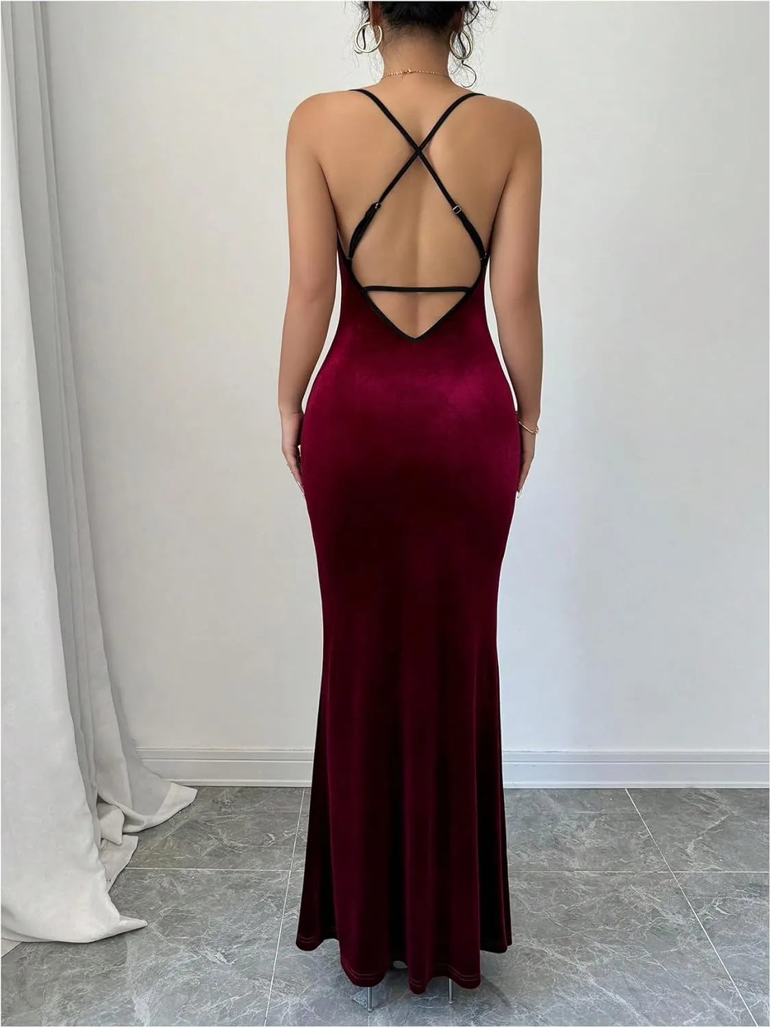 SOLY HUX Women's Velvet Bodycon Maxi Dress Cowl Neck Criss Cross Backless Party Club Long Dresses