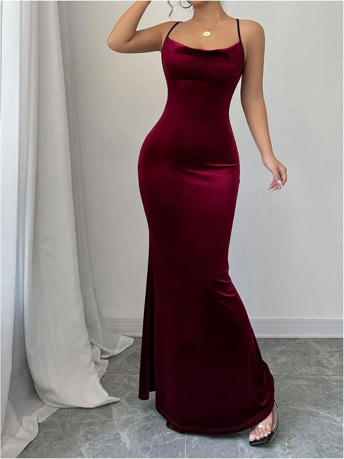 SOLY HUX Women's Velvet Bodycon Maxi Dress Cowl Neck Criss Cross Backless Party Club Long Dresses