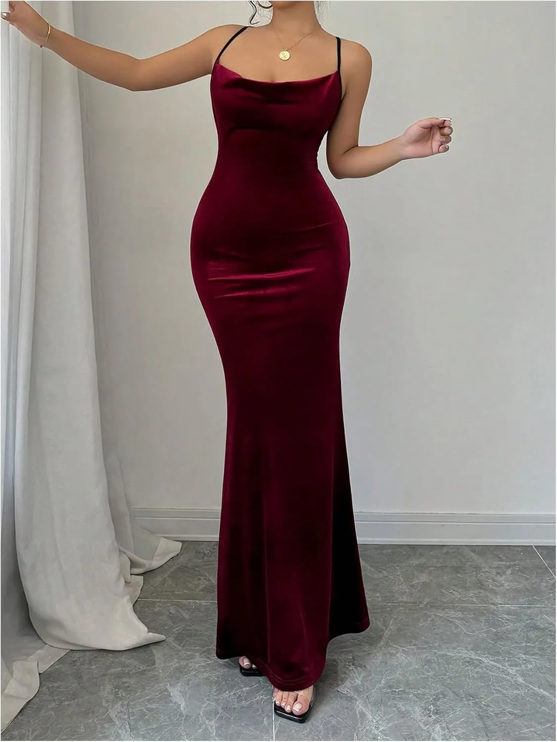 SOLY HUX Women's Velvet Bodycon Maxi Dress Cowl Neck Criss Cross Backless Party Club Long Dresses