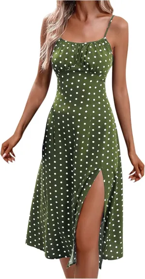 Spaghetti Strap Dresses for Women 2025 Polka Dot Dress Trendy Sleeveless Slit Summer Sundress Beach Holiday Sexy Dress
