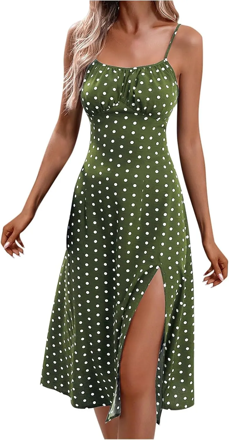 Spaghetti Strap Dresses for Women 2025 Polka Dot Dress Trendy Sleeveless Slit Summer Sundress Beach Holiday Sexy Dress