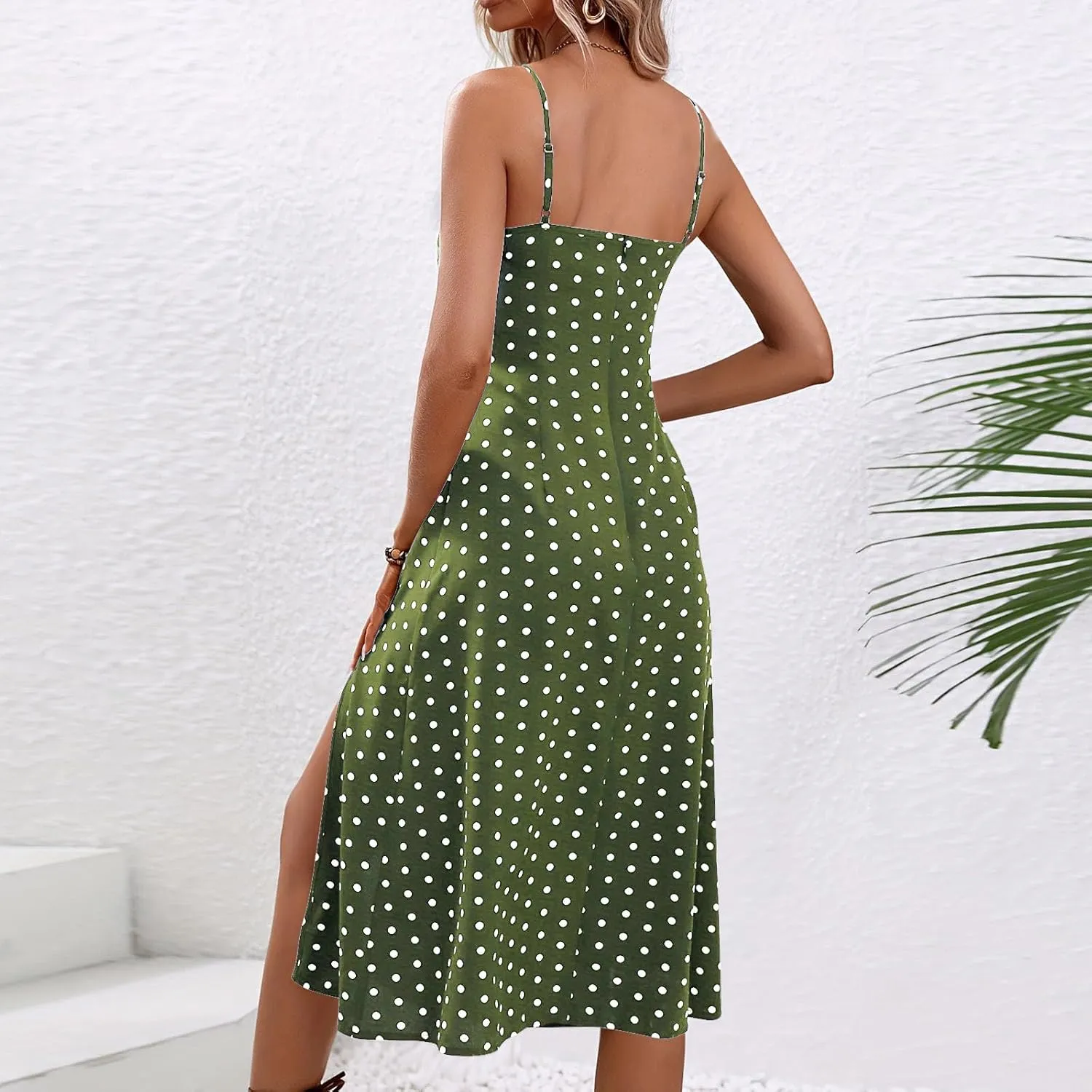Spaghetti Strap Dresses for Women 2025 Polka Dot Dress Trendy Sleeveless Slit Summer Sundress Beach Holiday Sexy Dress