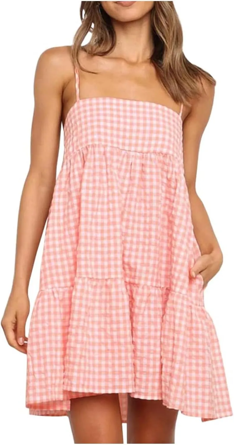 Spaghetti Strap Dresses for Women Summer Sleeveless Plaid Mini Dress Casual Loose Flowy Vacation Dress with Pockets