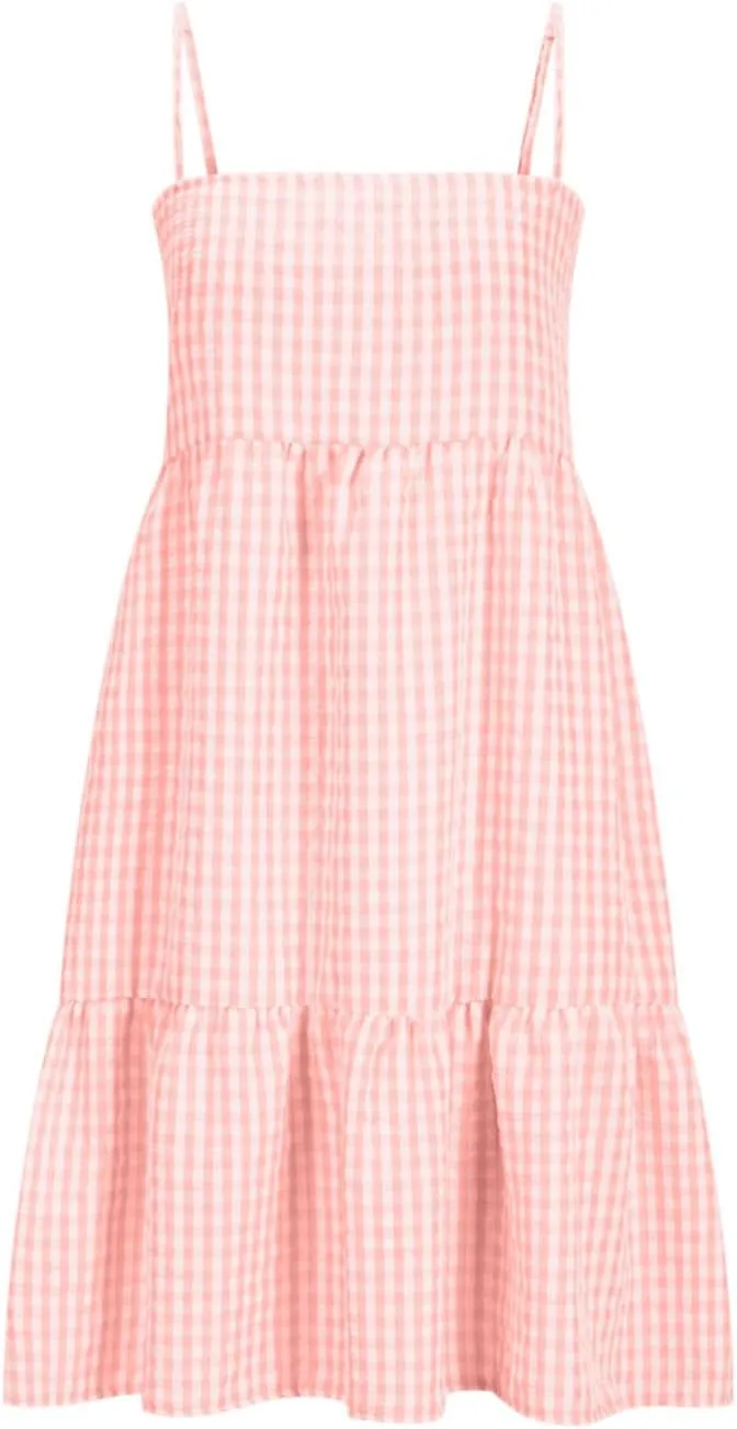 Spaghetti Strap Dresses for Women Summer Sleeveless Plaid Mini Dress Casual Loose Flowy Vacation Dress with Pockets