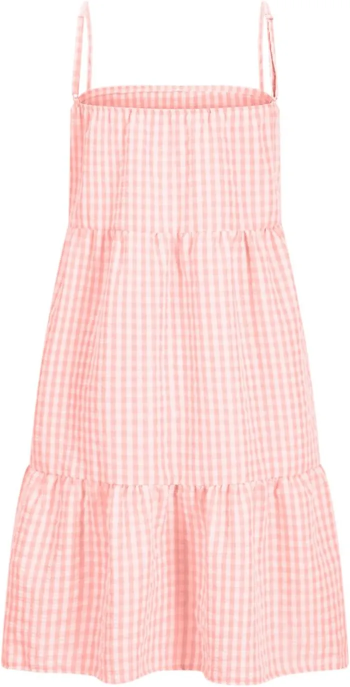 Spaghetti Strap Dresses for Women Summer Sleeveless Plaid Mini Dress Casual Loose Flowy Vacation Dress with Pockets