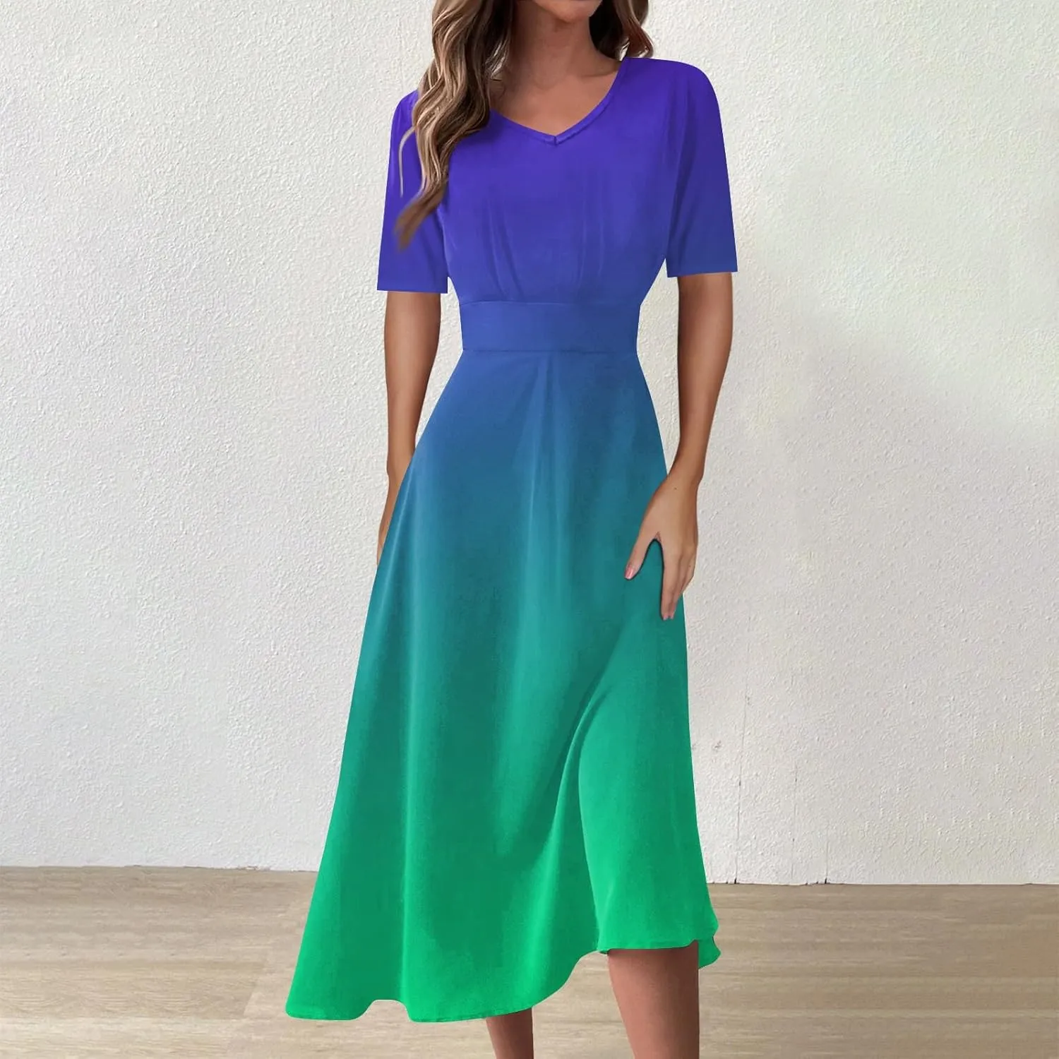 Spring Dresses for Women Short Sleeve Flowy Dresses Plus Size V Neck Casual Dresses Modest Elegant Cocktail Dresses
