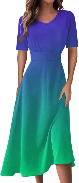 Spring Dresses for Women Short Sleeve Flowy Dresses Plus Size V Neck Casual Dresses Modest Elegant Cocktail Dresses