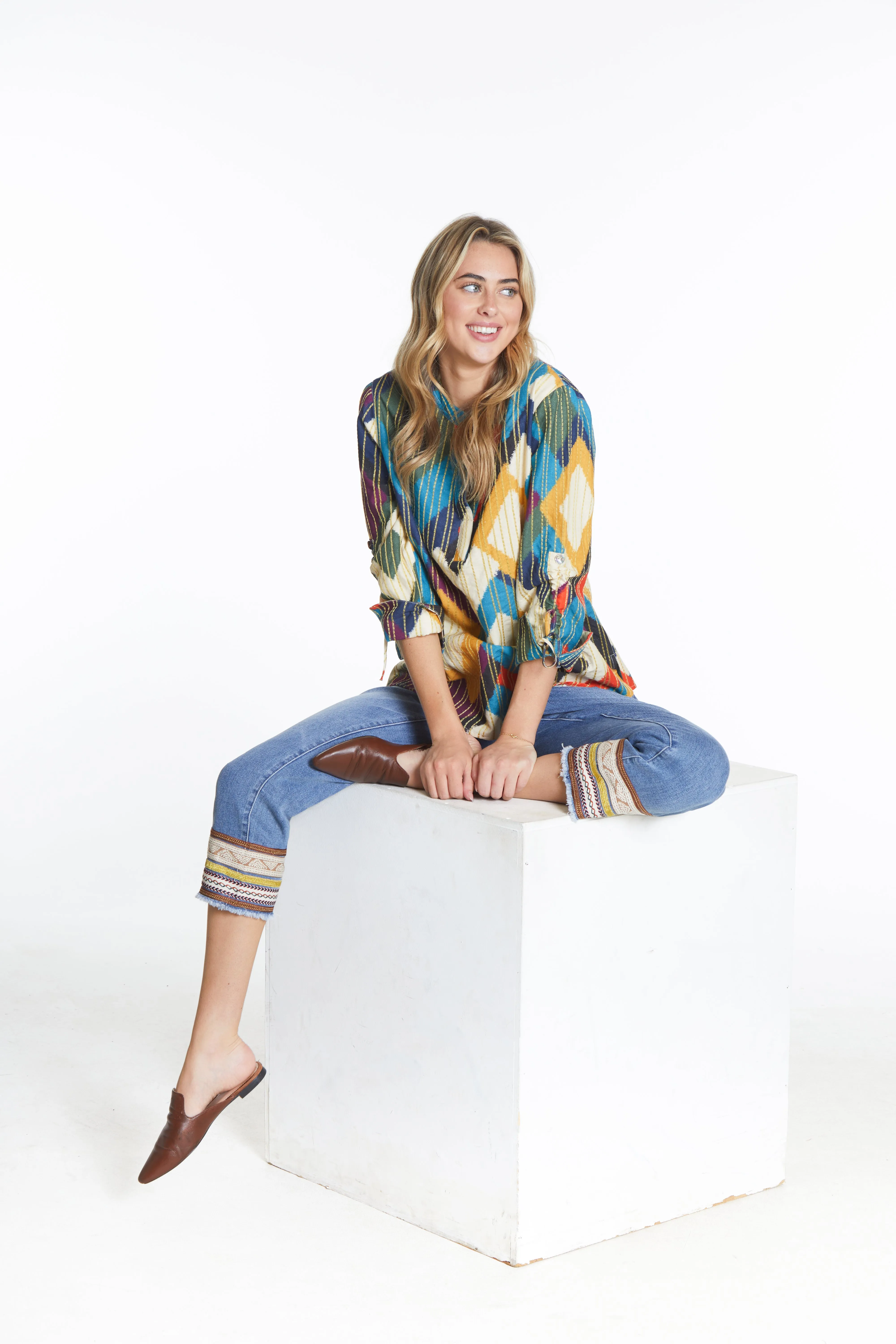 Stitched Print Henley Top - Multi