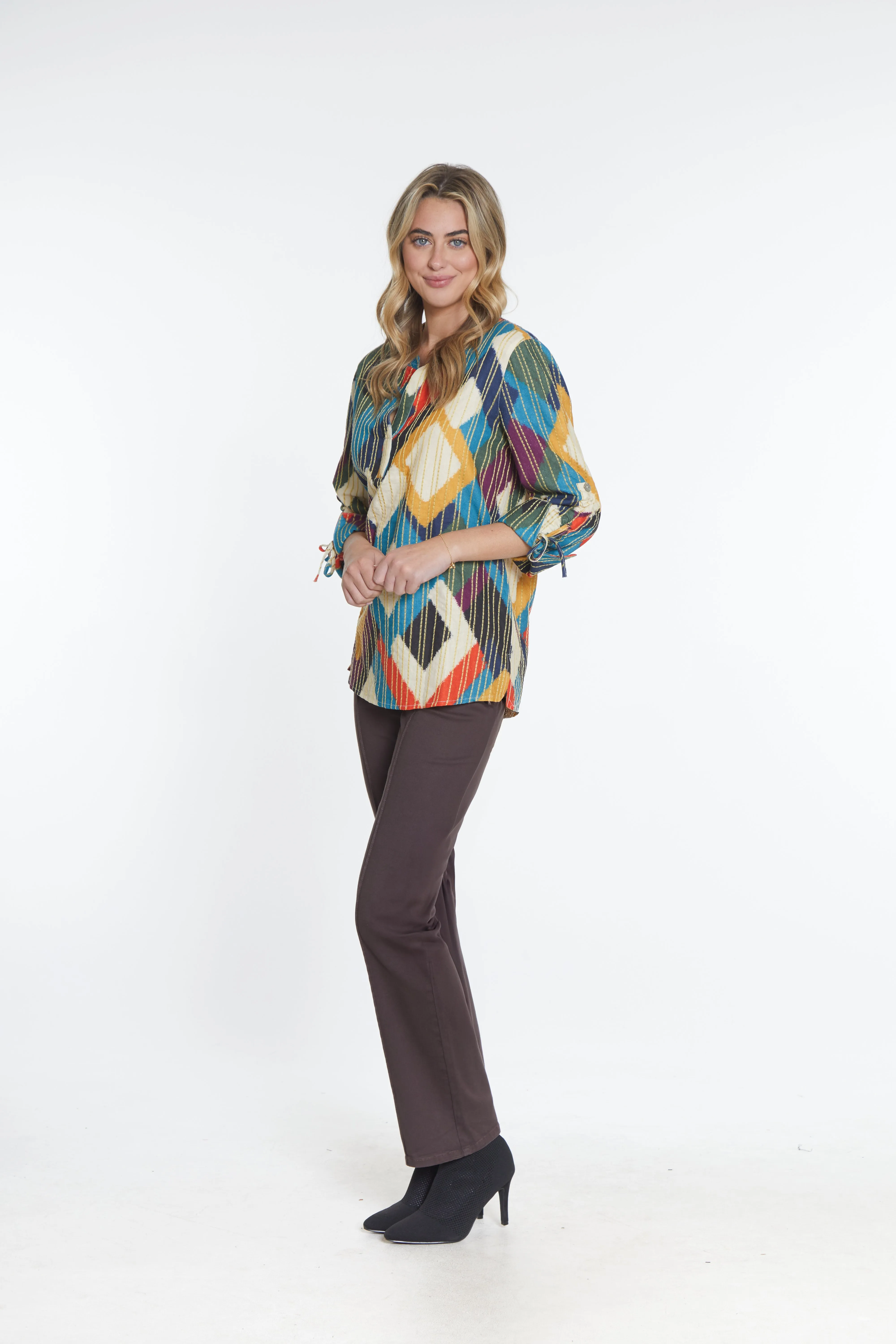 Stitched Print Henley Top - Multi