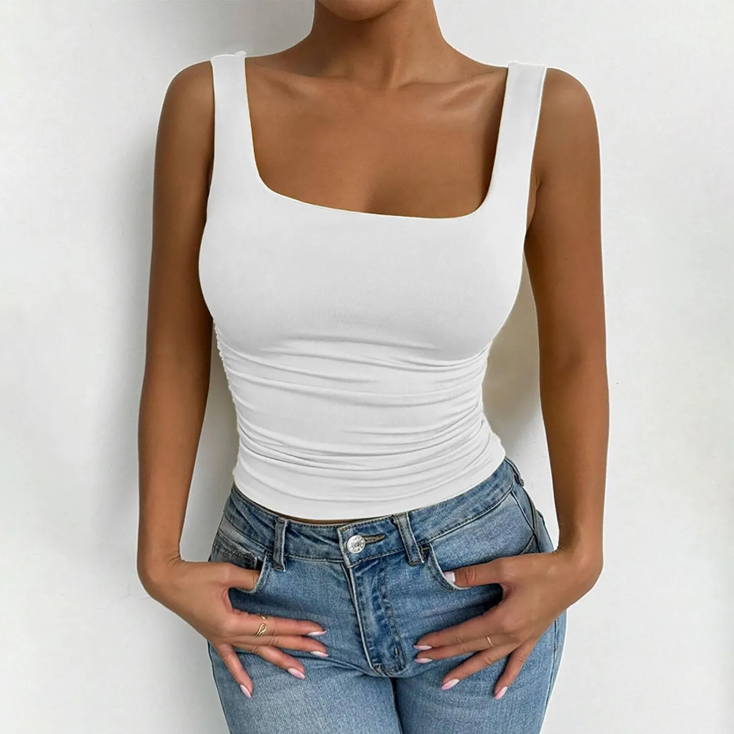 Stretch Workout Tank Tops for Women Y2k Slim Fitted Square Neck Yoga Sport Camis Summer Lightweight Athletic Shirts