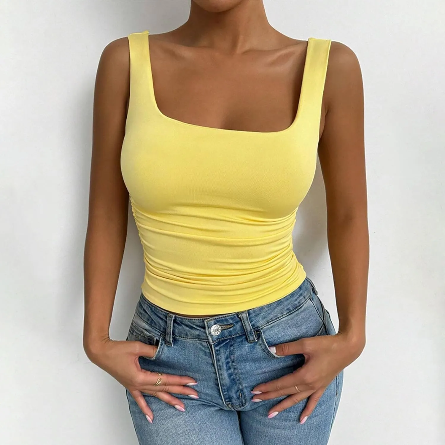 Stretch Workout Tank Tops for Women Y2k Slim Fitted Square Neck Yoga Sport Camis Summer Lightweight Athletic Shirts