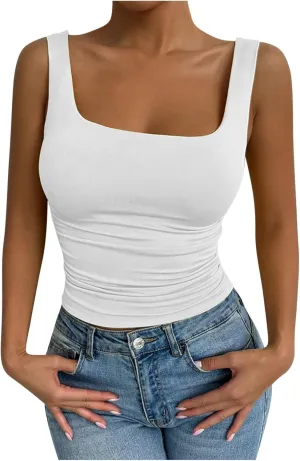 Stretch Workout Tank Tops for Women Y2k Slim Fitted Square Neck Yoga Sport Camis Summer Lightweight Athletic Shirts
