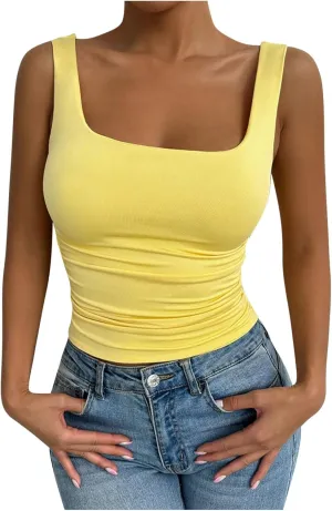 Stretch Workout Tank Tops for Women Y2k Slim Fitted Square Neck Yoga Sport Camis Summer Lightweight Athletic Shirts