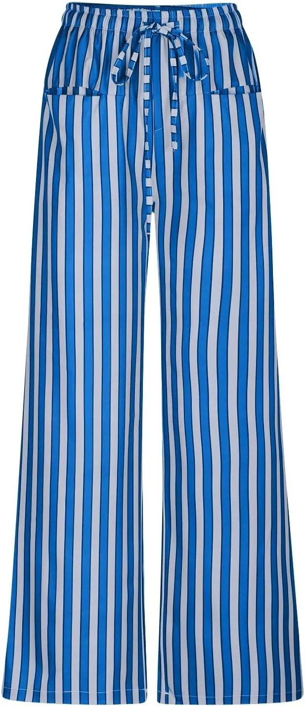 Striped Pants for Women 2025 Spring Drawstring Striped Pants Loose Wide Leg Trousers Casual Low Waist Pant