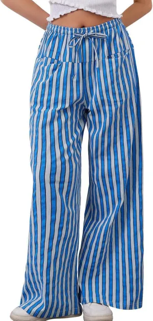 Striped Pants for Women 2025 Spring Drawstring Striped Pants Loose Wide Leg Trousers Casual Low Waist Pant