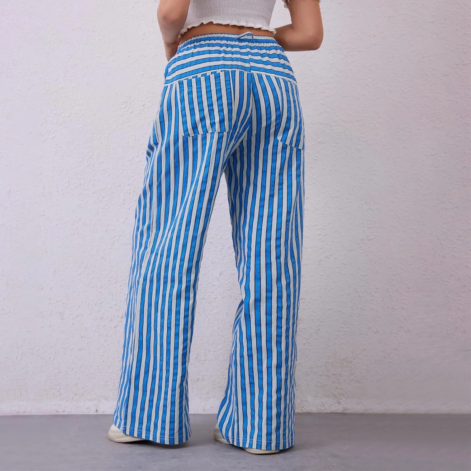 Striped Pants for Women 2025 Spring Drawstring Striped Pants Loose Wide Leg Trousers Casual Low Waist Pant