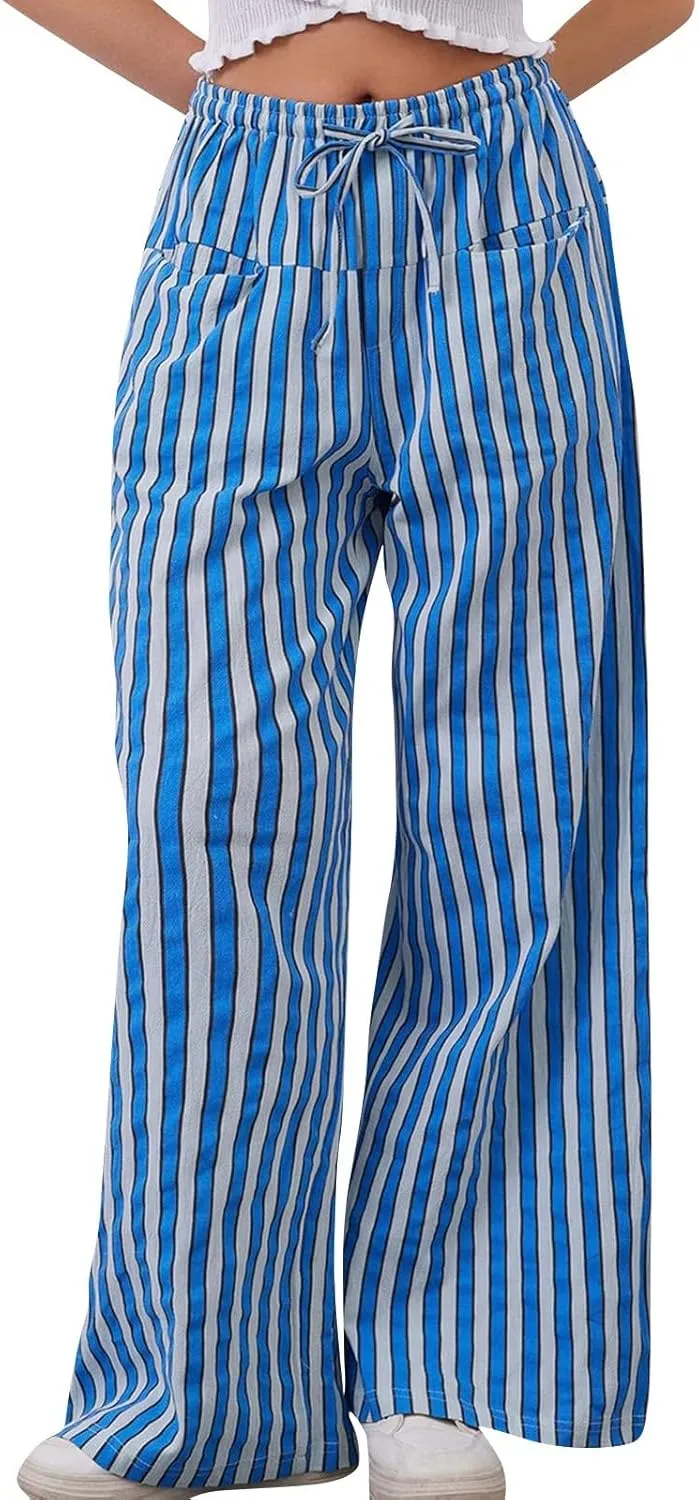 Striped Pants for Women 2025 Spring Drawstring Striped Pants Loose Wide Leg Trousers Casual Low Waist Pant