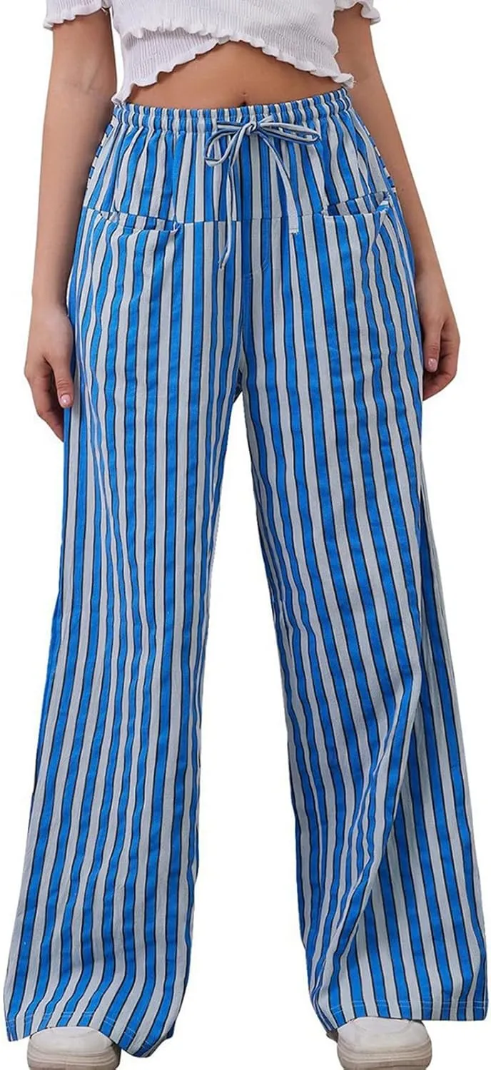 Striped Pants for Women 2025 Spring Drawstring Striped Pants Loose Wide Leg Trousers Casual Low Waist Pant