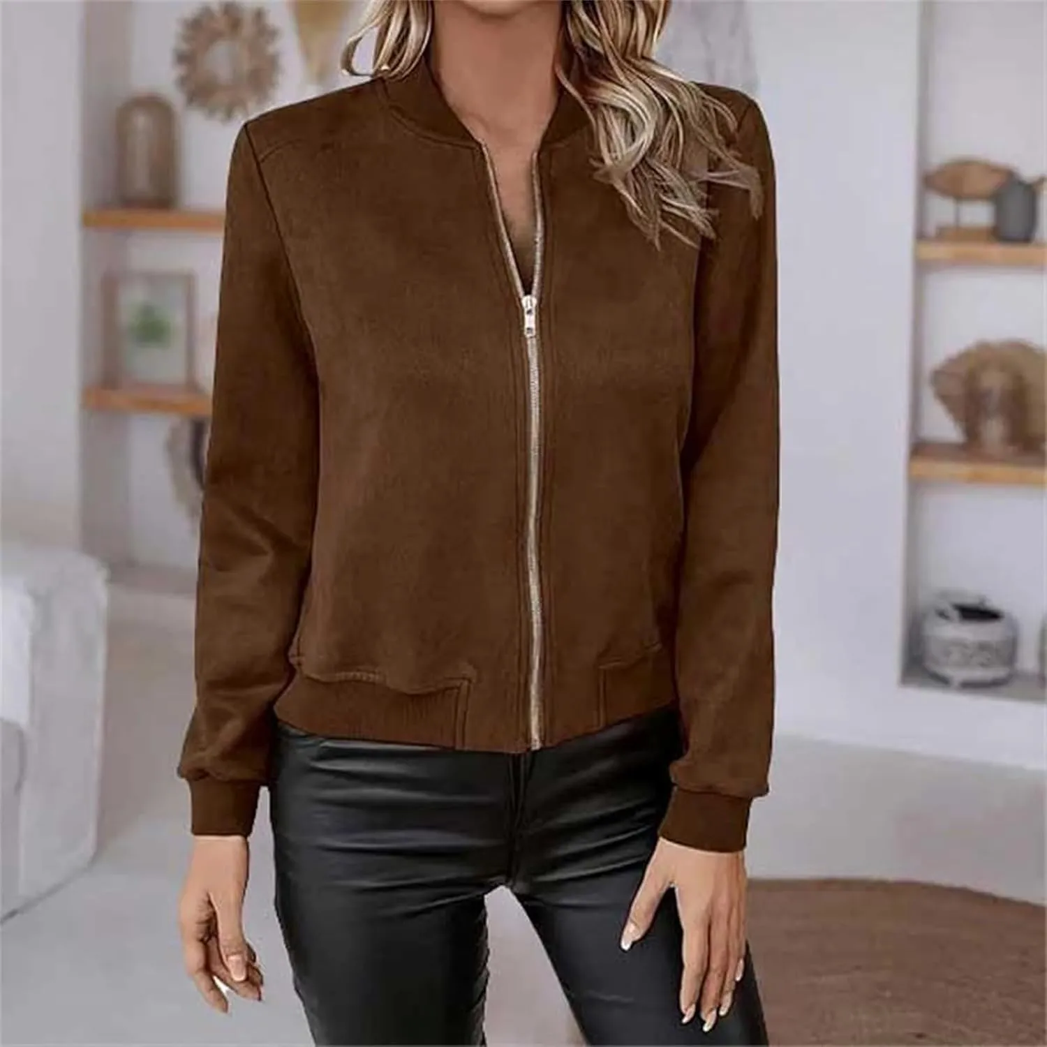 Suede Jackets for Women 2024 Trendy Comfy Cropped Zip Up Jackets Faux Leather Casual Jacket Outwear with Pockets