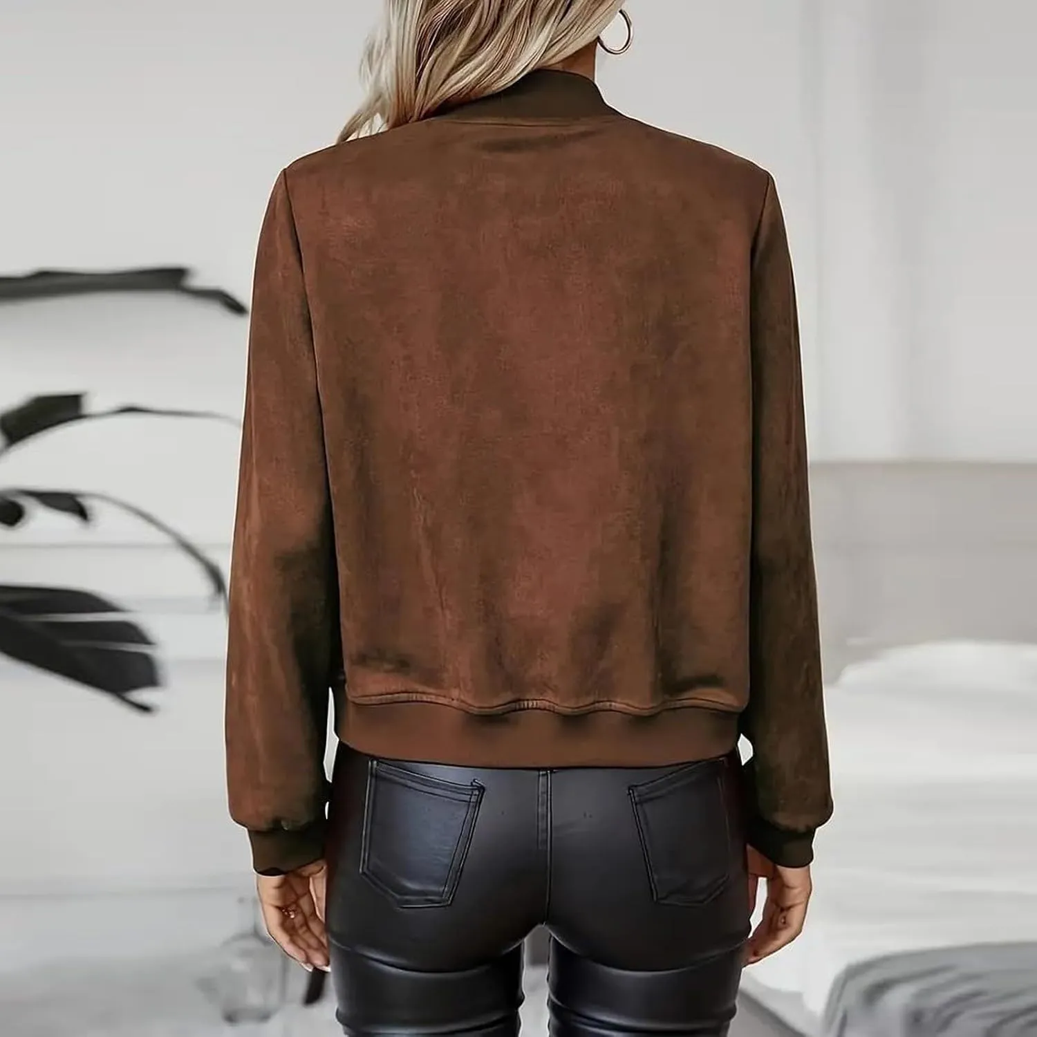 Suede Jackets for Women 2024 Trendy Comfy Cropped Zip Up Jackets Faux Leather Casual Jacket Outwear with Pockets