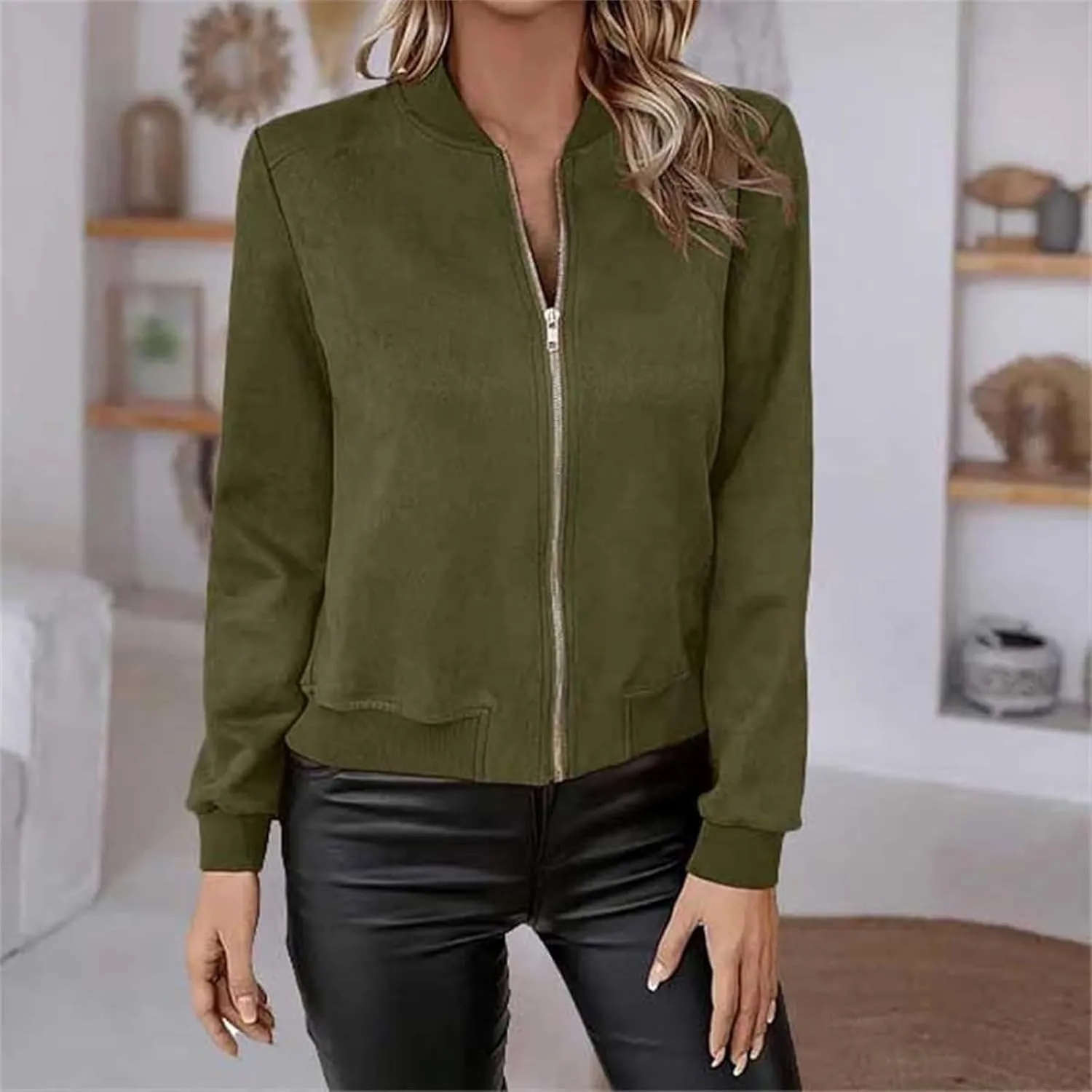 Suede Jackets for Women 2024 Trendy Comfy Cropped Zip Up Jackets Faux Leather Casual Jacket Outwear with Pockets