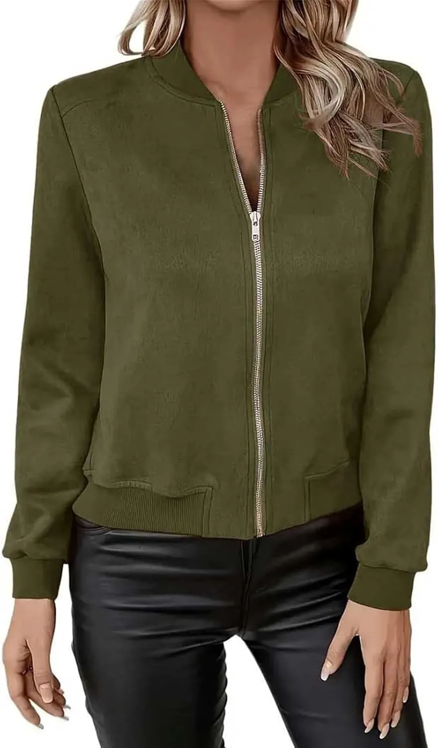 Suede Jackets for Women 2024 Trendy Comfy Cropped Zip Up Jackets Faux Leather Casual Jacket Outwear with Pockets