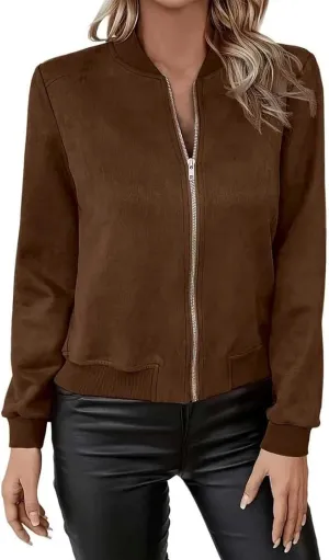 Suede Jackets for Women 2024 Trendy Comfy Cropped Zip Up Jackets Faux Leather Casual Jacket Outwear with Pockets
