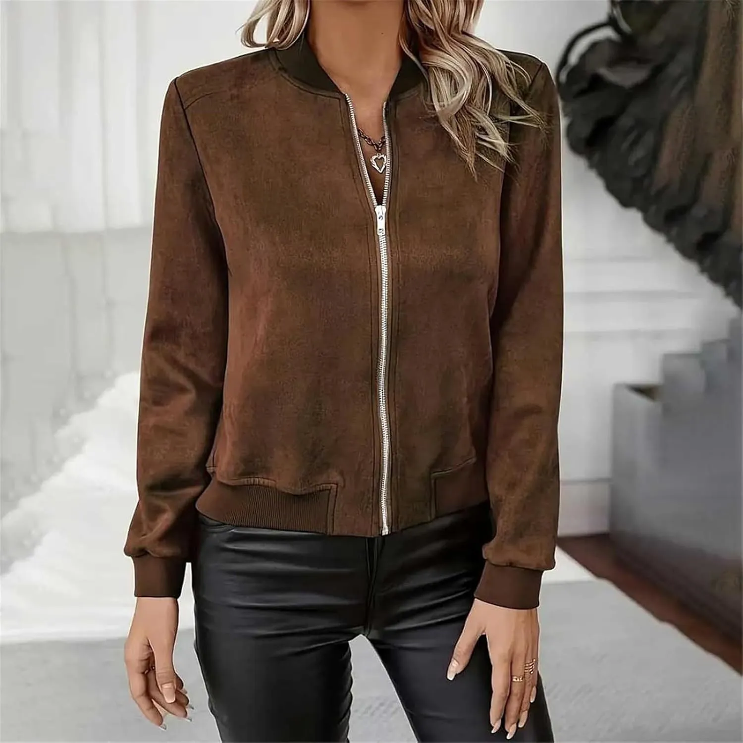 Suede Jackets for Women 2024 Trendy Comfy Cropped Zip Up Jackets Faux Leather Casual Jacket Outwear with Pockets