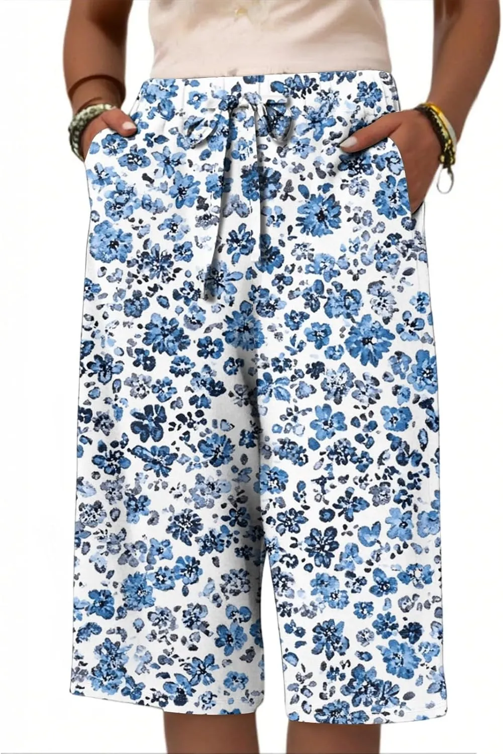 Summer Beach Pants for Women High Waisted Loose Fit Pants Elastic Floral Print Knee Length Bermuda Shorts Pockets 2025
