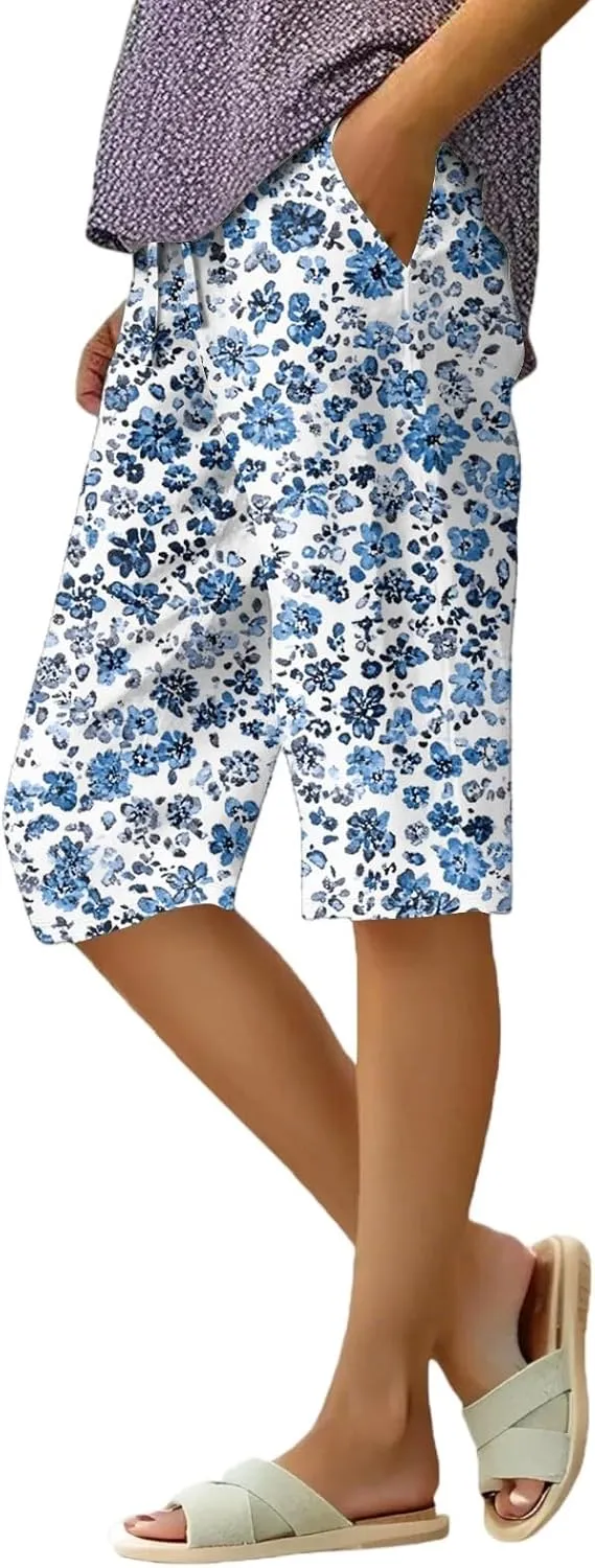 Summer Beach Pants for Women High Waisted Loose Fit Pants Elastic Floral Print Knee Length Bermuda Shorts Pockets 2025