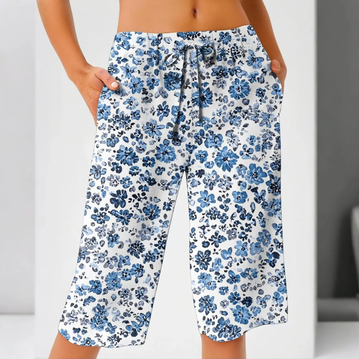 Summer Beach Pants for Women High Waisted Loose Fit Pants Elastic Floral Print Knee Length Bermuda Shorts Pockets 2025