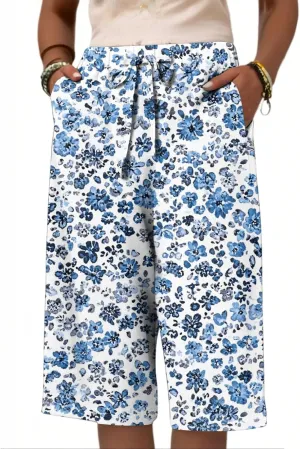 Summer Beach Pants for Women High Waisted Loose Fit Pants Elastic Floral Print Knee Length Bermuda Shorts Pockets 2025