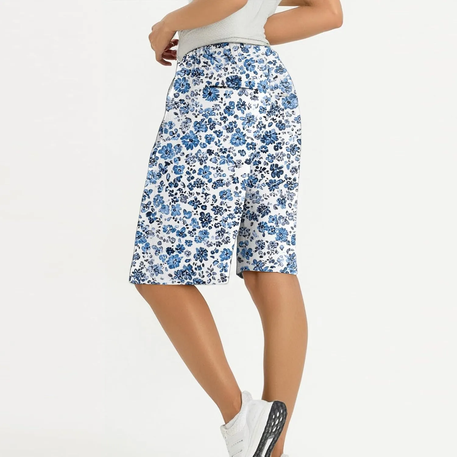 Summer Beach Pants for Women High Waisted Loose Fit Pants Elastic Floral Print Knee Length Bermuda Shorts Pockets 2025