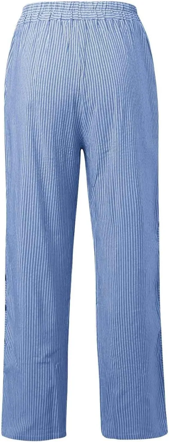 Summer Casual Pants for Women Loose Button Elastic High Waisted Beach Pants Straight Leg Drawstring Lightweight Trousers