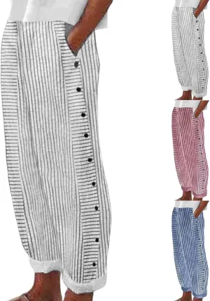 Summer Casual Pants for Women Loose Button Elastic High Waisted Beach Pants Straight Leg Drawstring Lightweight Trousers