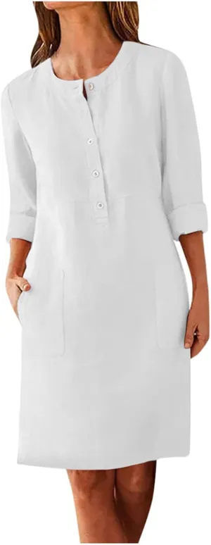 Summer Dresses for Women 2025 Button Casual Long Sleeve Cotton Linen Sundress Elegant Formal Work Dress with Pockets