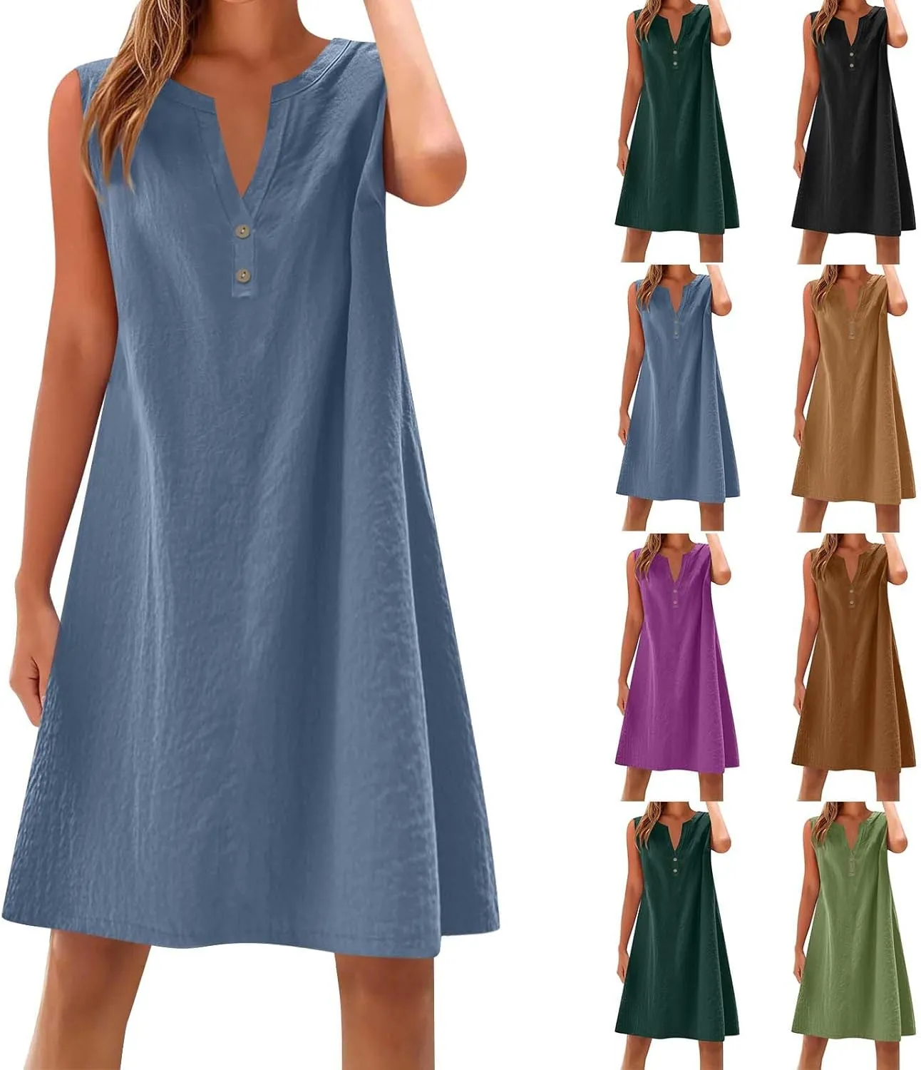 Summer Dresses for Women 2025 Cotton Linen Dress Tshirt Casual Hawaiian Sleeveless Button V-Neck Midi Boho Sundress