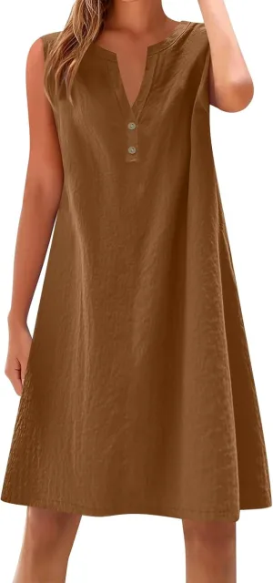 Summer Dresses for Women 2025 Cotton Linen Dress Tshirt Casual Hawaiian Sleeveless Button V-Neck Midi Boho Sundress