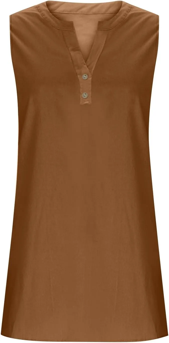Summer Dresses for Women 2025 Cotton Linen Dress Tshirt Casual Hawaiian Sleeveless Button V-Neck Midi Boho Sundress
