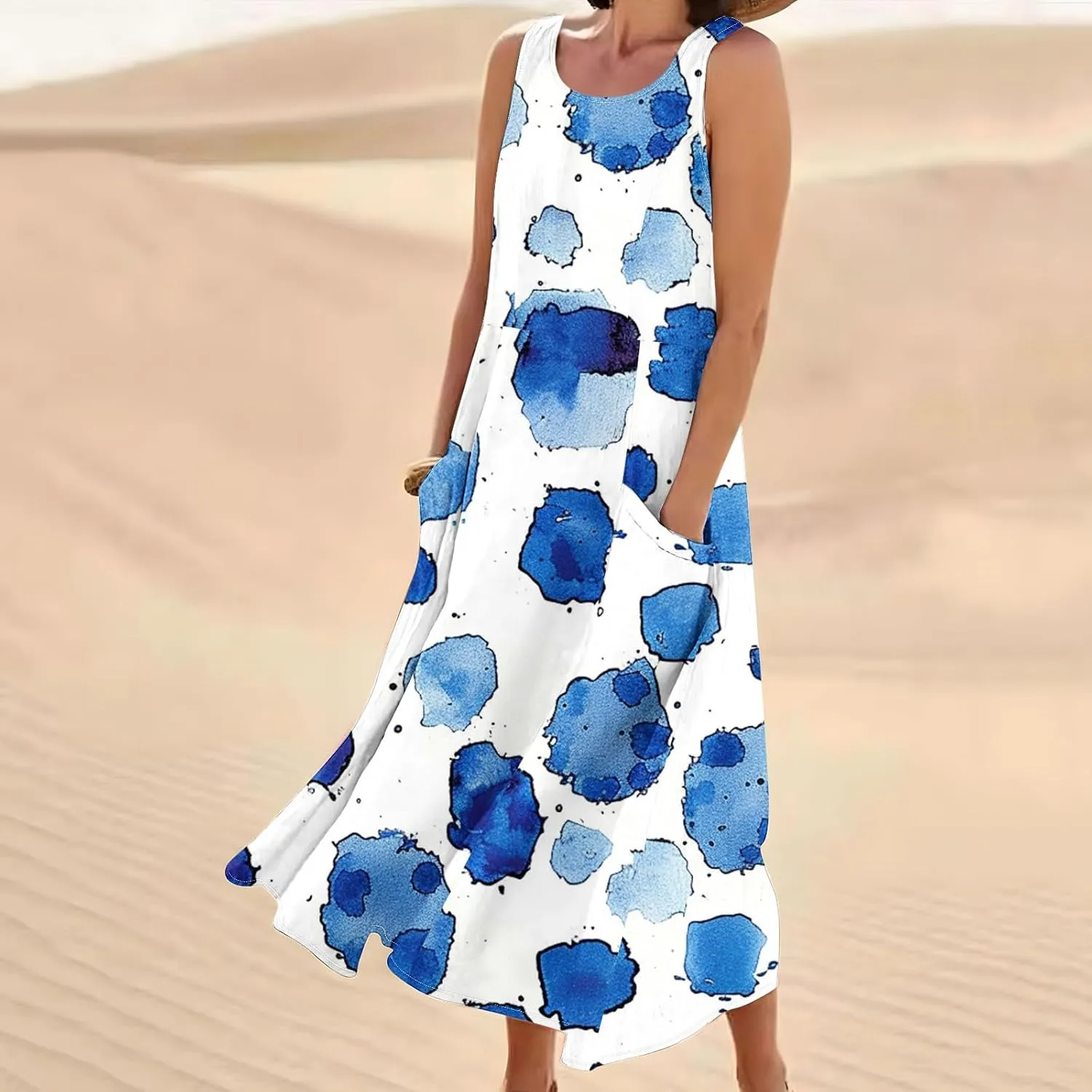 Summer Dresses for Women 2025 Cotton Linen Maxi Tank Dress Fashion Floral Beach Sundresses Spring Boho Outfits with Pockets